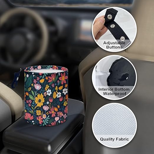 Panskyllis Colorful Flowers Car Garbage Trash Can Collapsible Trash Rubbish Bin Basket Bag Portable Cup Holder Organizer with Strap Universal Storage Bag Box for Front Seat, Back Seat, Headrest