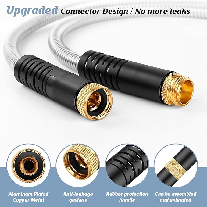 Garden Hose 100ft, Metal Water Hose, Kink-Free, Flexible Stainless Steel Hose, Heavy Duty Abrasion Resistant Leakproof Hose with 10-Function Spray Nozzle for Yard, Lawn, Outdoor, Marine and Camper