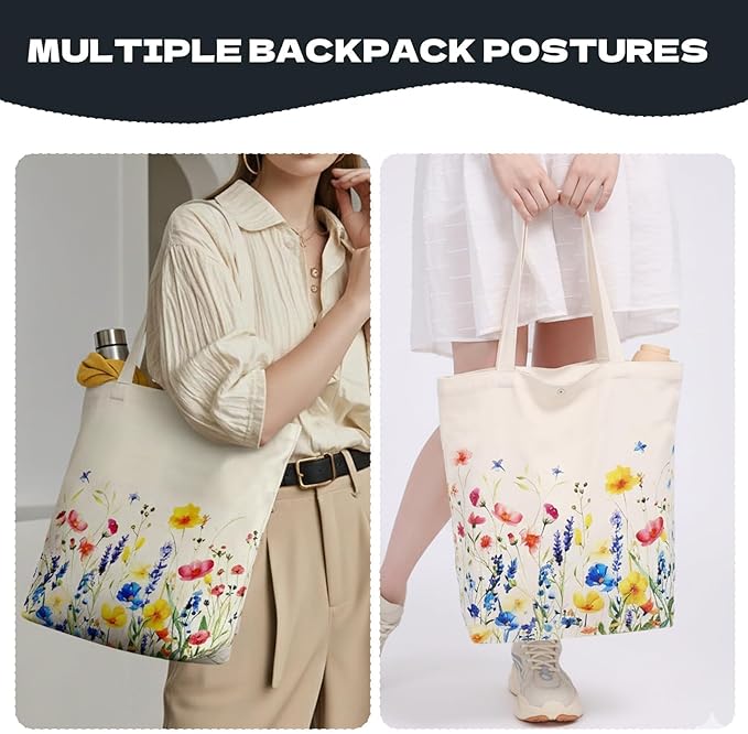 1 Pack Reusable Canvas Cute Shoulder Bag,Made of 10 oz Canvas Tote Bag for Women,for Grocery, Shopping, Beach and Daily Use(Flower)