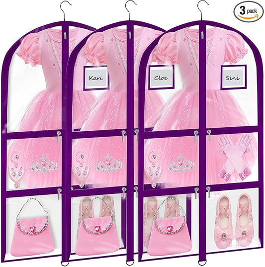 Garment Bags for Dance Costumes - 40 Inch Clear PVC with 5 Zipper Pockets (3 Pack) - Kids Dance Garment Bag for Dancers, Hanging Clothes Storage, Competitions & Travel (Clear Purple)