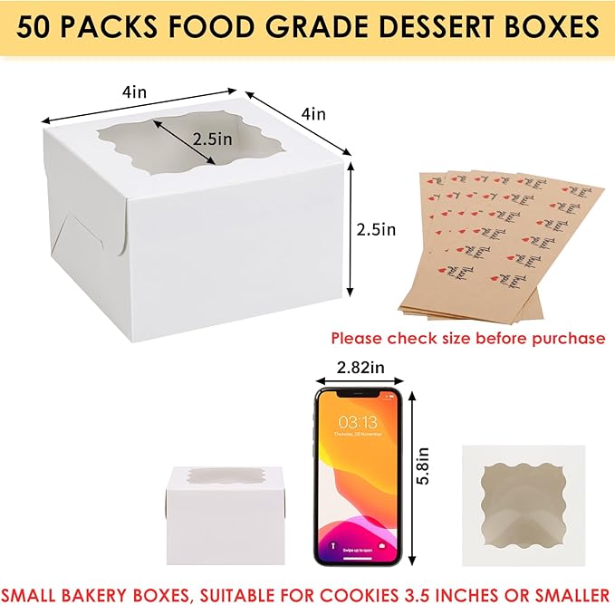Moretoes 50pcs White Cookie Boxes with Window, 4x4x2.5 Inches Bakery Boxes with 5pcs Stickers for Small Cookies, Treats, Desserts, Chocolate Covered Strawberries, Mini Cake