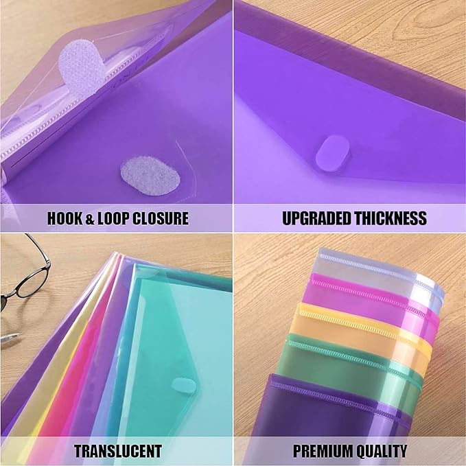 Sooez 48 Pack File Folders, Clear Poly Envelopes Plastic Folders, Folder for Documents Letter A4 Size with Label Pocket, Teacher School Office Supplies Organization Storage, Assorted Color