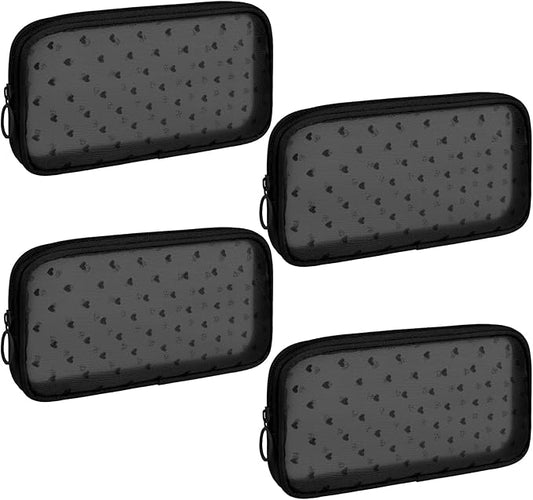 4 Pieces Mini Zipper Nylon Mesh Pouch, Mesh Cosmetic Bags Makeup Bags, Multipurpose Travel Toiletry Bags for Office Supplies and Travel Accessories (Heart Print-Black, M)