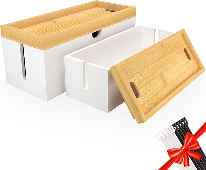 Bamboo Cable Management Box, Large Cord Organizer Box Cable Box to Hide Wires & Power Strips for Desktop Storage Cord Holder for Office Home, No Assembly Required
