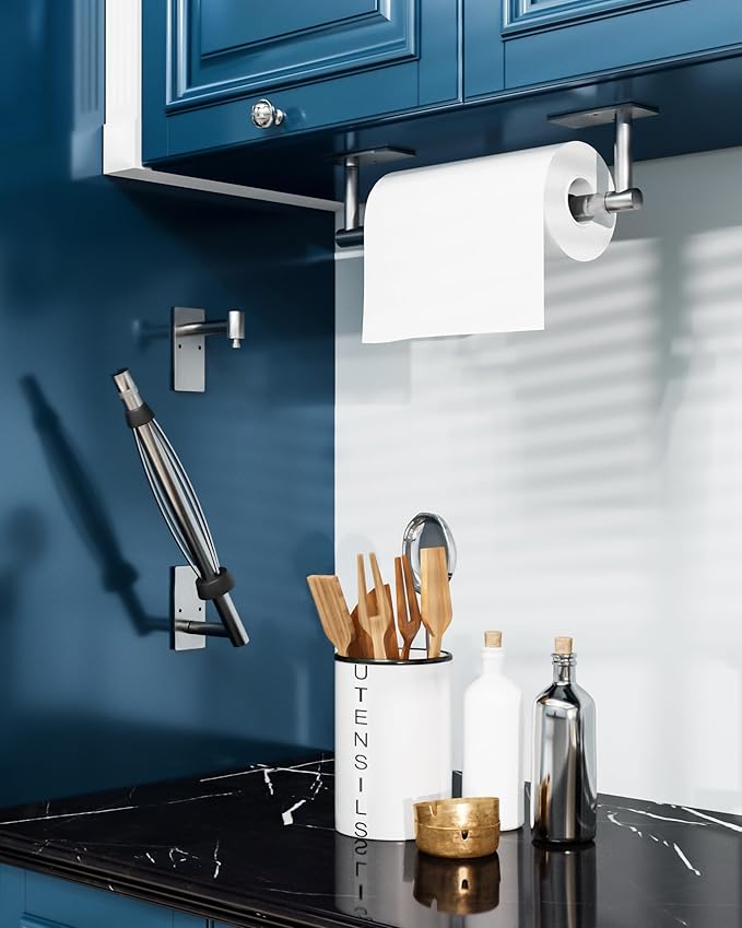 BATHDANCE Paper Towel Holder Under Cabinet, Single Hand Operable Easy Tear Wall Mount with Damping Effect, Self-Adhesive or Drilled for Kitchen Bathroom (Sliver)