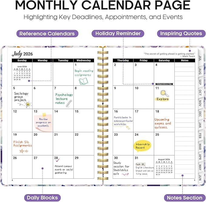 Planner 2026-2027, Academic Year Monthly and Weekly Calendar Planner, Jul 2026 - Jun 2027, Hardcover Teacher Student Planning Agenda book with Tabs, Perfect for School Office Supplies, 8.5" x 11" - Purple Blocks
