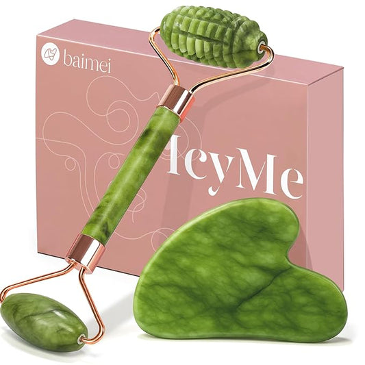BAIMEI IcyMe Gua Sha and Jade Roller for Face, Natural Jade Face Roller with Ridge Design for Reducing Puffiness & Skin Firming,Facial Sculpting Tool, Self Care Gift for Women Men