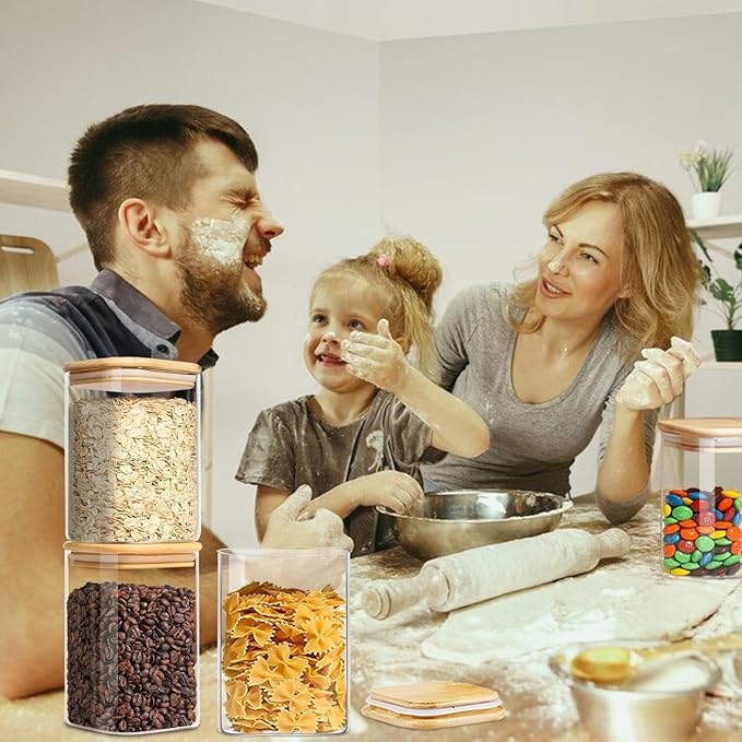 1.2 Qt Square Glass Storage Containers with Lids, glass jar with airtight lid, Glass Canister for Pantry Cookie Cereal Rice Sugar Tea Coffee Beans Spice, Square Set of 4