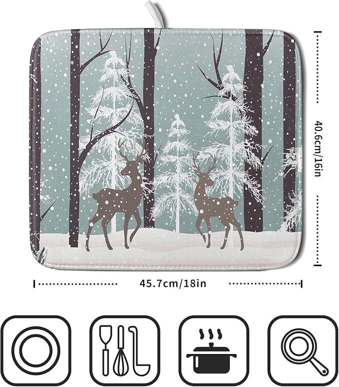 Winter Wildlife Deer Dish Drying Mat for Kitchen Counter,Xmas Landscape Snow Tree Ivory Drying Mat 16 x 18 Inch with High Absorbent Microfiber Drainer Mat for Coffee Bar