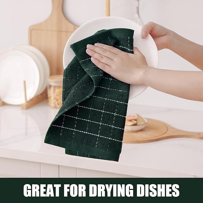 Homaxy 100% Cotton Terry Kitchen Dish Cloths, Ultra Soft and Absorbent Dish Towels for Kitchen, Suitable for Drying and Washing Dishes, 12 Pack, 12 x 12 Inches, Blackish Green