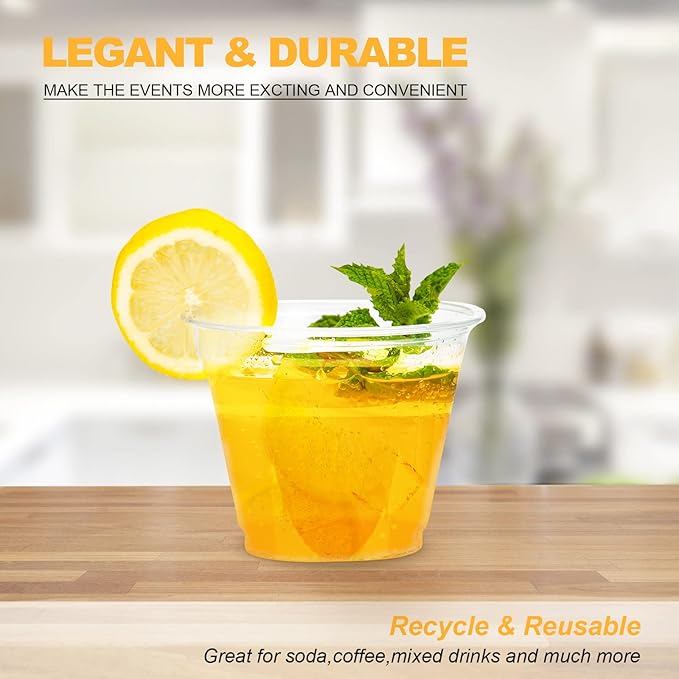 TashiBox 9 oz Disposable Plastic Cups, 100 Count, Crystal Clear