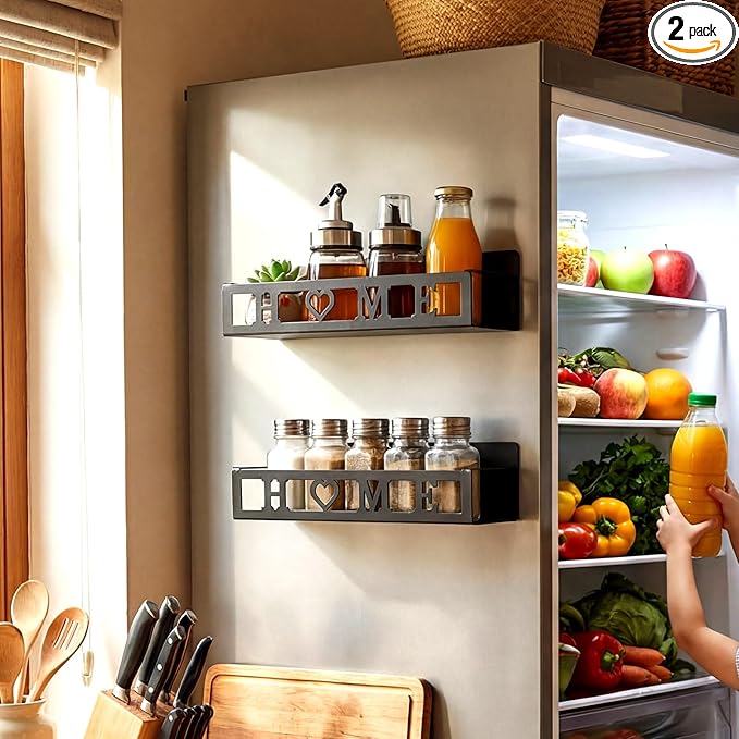 2 Pack Home Magnetic Spice Rack for Refrigerator Metal Magnet Basket Shelf for Fridge Seasoning Storage Organizers Home Decor Kitchen Accessories(Black)