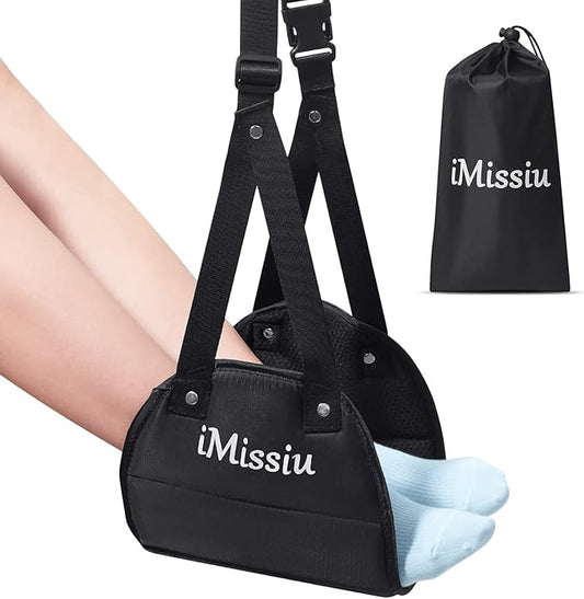 Airplane Foot Hammock | Adjustable Travel Footrest with Memory Foam | Portable Footrest Under Desk for Work Or Travel Relaxation | Comfortable Flight Carry-on Foot Rest - Black