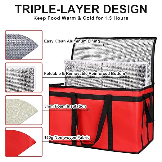 Insulated Food Delivery Bag with Hard Bottom, XXX-Large Insulated Reusable Grocery Cooler/Hot Bags, Tote Bag for Shopping/Travel, Red, 1-Pack