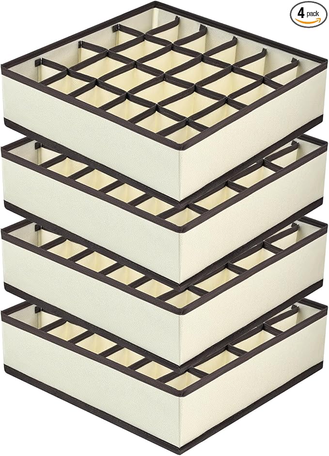 Joyoldelf Sock Drawer Organizer Divider Underwear Organizer 24-cell Fabric Dresser Drawer Organizers Storage Boxes for Socks Lingerie, Handkerchiefs, Ties 4 Pack (Beige)