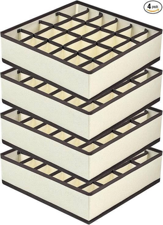 Joyoldelf Sock Drawer Organizer Divider Underwear Organizer 24-cell Fabric Dresser Drawer Organizers Storage Boxes for Socks Lingerie, Handkerchiefs, Ties 4 Pack (Beige)