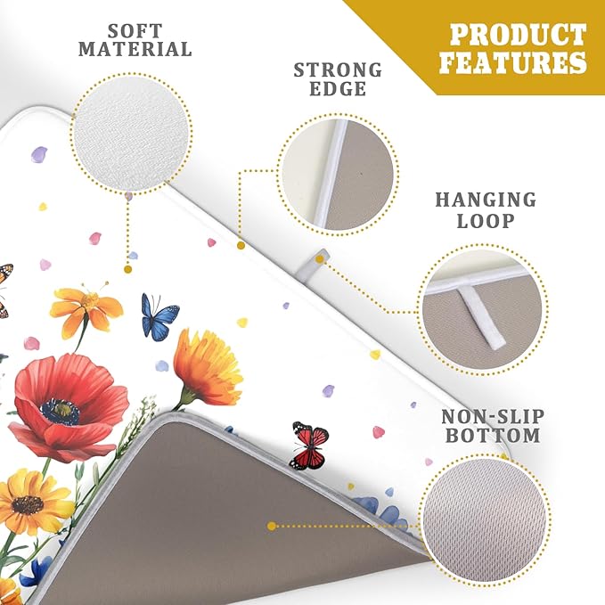 Watercolor Flower Dish Drying Mat 18x24 Inch Floral Butterfly Dish Drainer Protector Pad Washable Reversible Kitchen Counter Dish Dry Pad