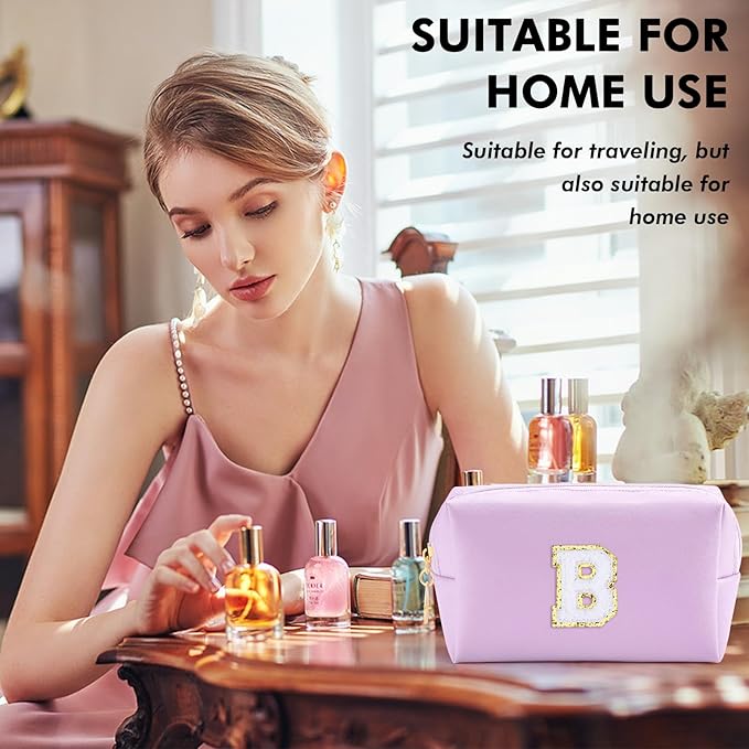 Gifts for Girls Initial Makeup Bag Personalized Cosmetic Bag with Zipper Cute Travel Toiletry Bag Waterproof PU Preppy Makeup Pouch Birthday Gift for Teen Girls Women(Purple B)