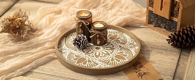 Hanobe Round Decorative Tray for Centerpiece: Boho Coffee Table Trays for Home Decor - Farmhouse Wood Serving Platter Rustic Circle Bohemian for Kitchen Counter Women
