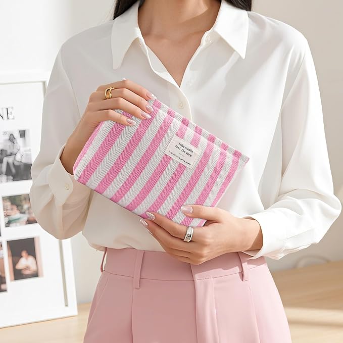 ZLFSRQ Striped Makeup Bag Large Canvas Makeup Bag for Women Pink Cosmetic Pouch for Purse Cute Striped Pencil Pouch Y2k Aesthetic Trendy Zippered Travel Toiletry Bags Gift Skincare Storage Organizer