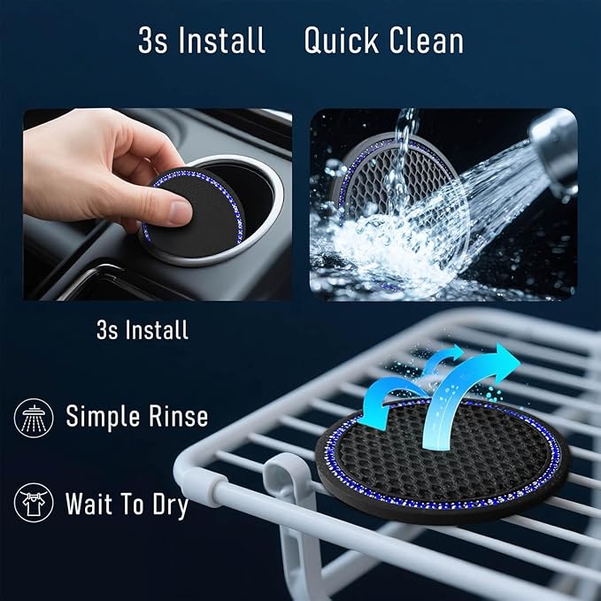 Car Cup Holder Coaster 4 Pack - Non Slip & Shockproof,Flexible PVC Rubber Insert for Car/Truck/SUV/Van (2.75"x0.2") Universal Fit Auto Cup Holders Accessories (Diamond Cup Coaster Blue)