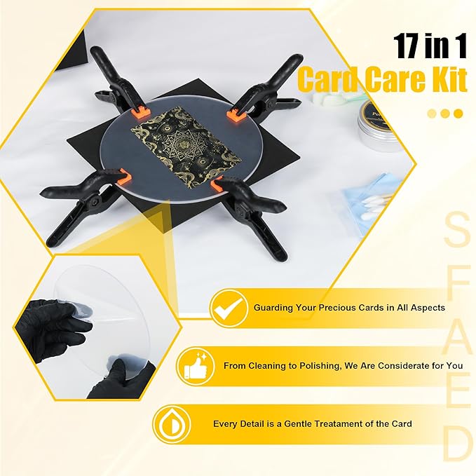 Card Care Clean Kit,17-in-1 Card Cleaning and Polishing Restoration Kit, Trading Card Cleaning Box with Cleaning Spray and Balck Nitrile Gloves, Suitable for Surface Card Care&Flatten Edges, 7.2″