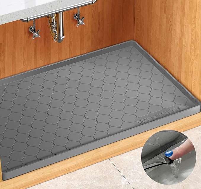 Silicone Under Sink Mat 28" x 19", Kitchen Essentials and Gadgets, Shelf Liner and Cabinet Protector, Home Organizers and Storage, Waterproof Bathroom Tray