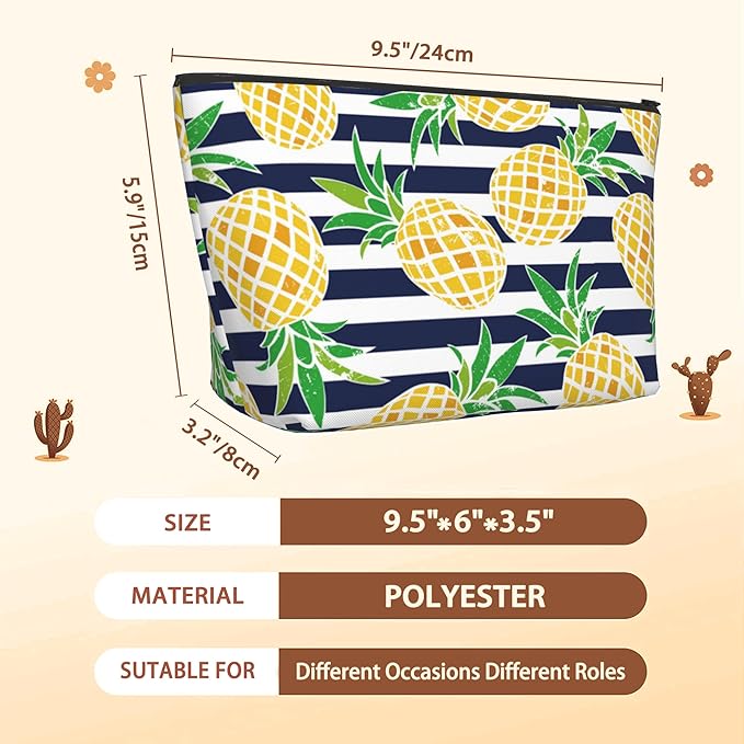 Cartoon Pineapple Cosmetic Bag Blue White Stripes Makeup Bags,Travel Make up Bags for Women Girls Cute Zipper Pouch Toiletry Organizer Bag Travel Essentials