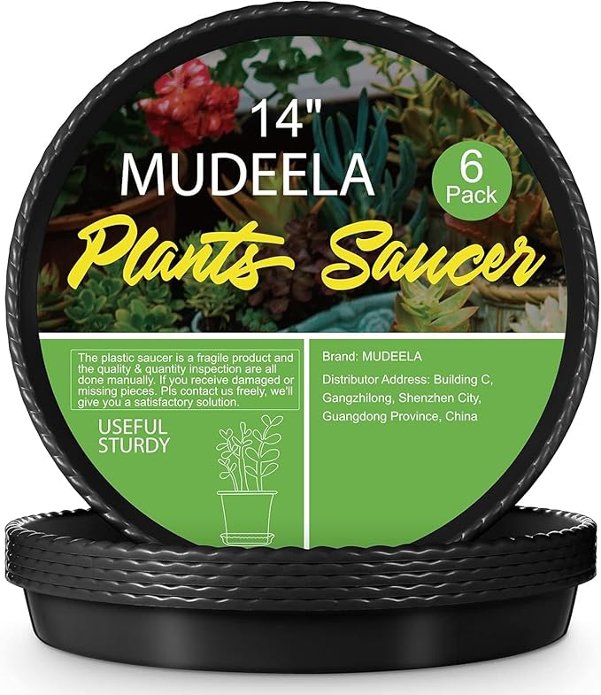 MUDEELA 6 Pack of 14 Inches Plant Saucers for Indoor, Durable Plastic Round Plant Tray Plant Dish Pant Plate to Catch Water for Flower and Plant Pot, Thicker, Stronger, Deeper, Black
