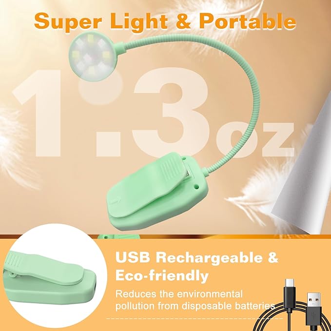 2 Packs Rechargeable Book Reading Light - Adjustable Brightness, 3 Color Temperatures, 30+ Hours Runtime - Eye Care 10 LED Lamp for Reading for Bed,Back to School Gift for Student-Green & Black