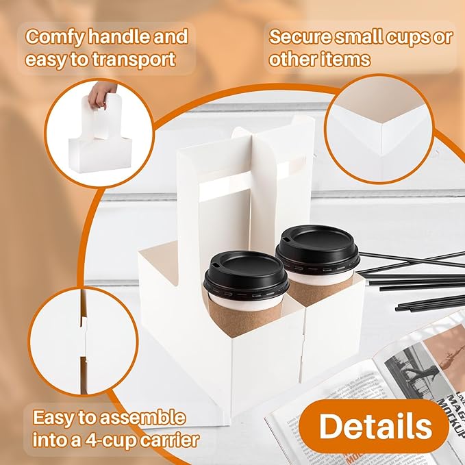 MAQIHAN 2 Cup Drink Carrier with Handle - 12Pcs Disposable Paper Cardboard Coffee Cup Holder Portable Drink Caddy Cup Carriers to go Cup Holder Food Delivery Accessories for Hot/Cold Drinks (White)