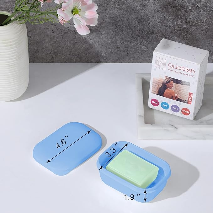 Quatish Leakproof Soap Dish with Lid & Draining Layer, Shatterproof Travel Bar Soap Holder Case Container, Portable Travel Size Toiletries Essentials for Camping, Gym, Bathroom, Denimblue