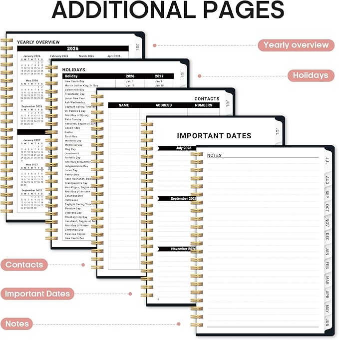 Planner 2026-2027, Academic Monthly and Weekly Calendar Planner for Women, July 2026 - June 2027, Hardcover Pretty Agenda Planner Book with Tabs, Spiral Daily Organizer for School Office Home Supplies, 6.3" x 8.5" - Evening Petals