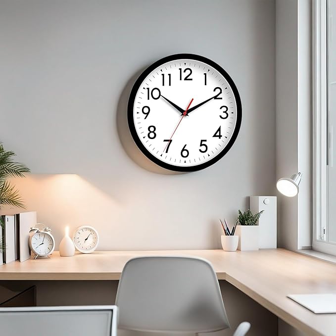 14 Inch Wall Clock, Large, Battery Operated, Silent, Non-Ticking, Analog, Decorative for Living Room, Office, Kitchen, Outdoor, Classroom, Bedroom, Bathroom, School (Black)