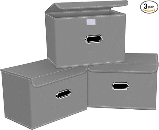 Linen Fabric Foldable Collapsible Storage Cube Bin Organizer Basket with Lid, Leather Handles, Removable Divider for Home, Closet (Grey, 3Pcs)