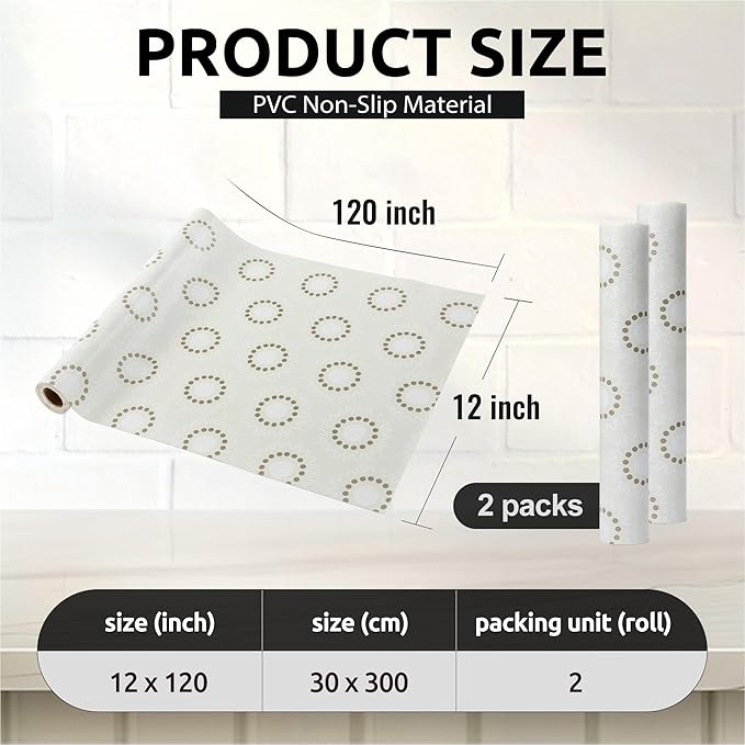 FIFTY FEET 12X120 Inch Shelf Liner for Kitchen Cabinets, PVC Drawer Liner for Dresser Non-Slip Bathroom, Non-Adhesive Cabinet Liner Washable (Beige Circle)(2 Roll)