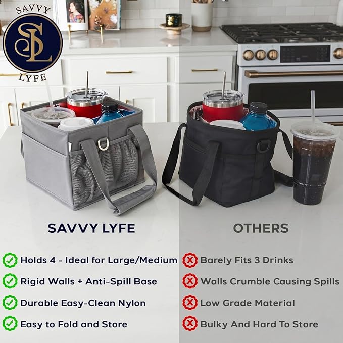 Reusable Drink Carrier with Handle – Tip-Resistant 4 Cup Carrier with Shoulder Strap for Delivery – Insulated, Foldable, Adjustable Dividers – Portable Caddy Tote Bag, Drink Holder for Car