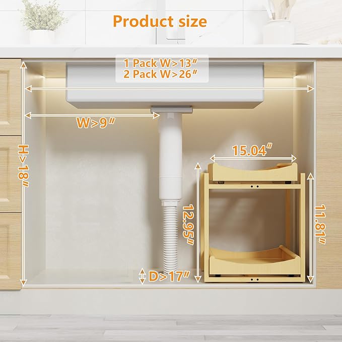 Wisuce Essentials Bamboo Under Sink Organizer, Adjustable Height, 2-Tier Bathroom Organizer, Pull-Out Cabinet Storage, Heavy-Duty Wood Slide-Out Shelf for Kitchen Bathroom (Nature, 1 Pack)