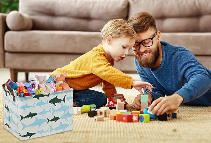 HIYAGON Baby Kids Storage Basket Shark Gift Basket Empty Boys Toy Storage Bin Organizer Box Rectangular Room Decor for Home,Books(Blue Shark)