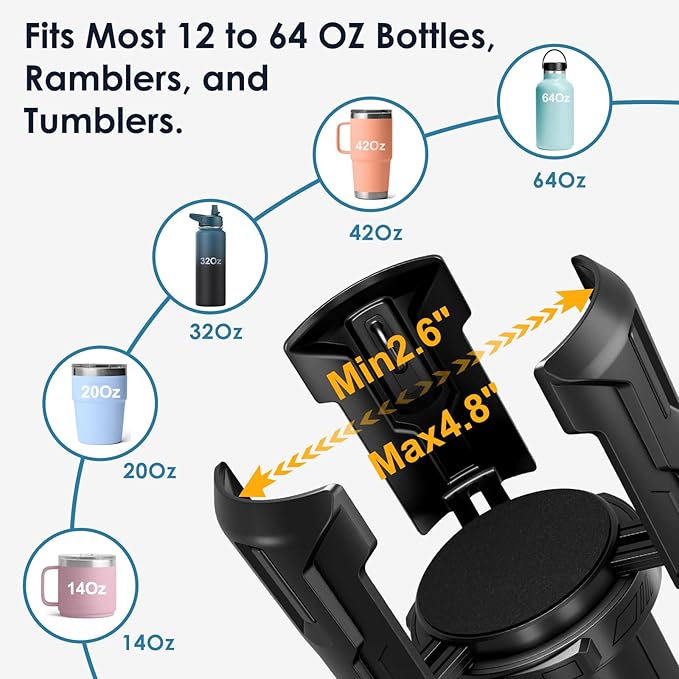 Car Cup Holder Expander: One-Button Open, Universal, Adjustable Holder (Diameter 2.6"- 4.8"), Cup Holder Expander for Yeti, Hydro Flask, Nalgene, Takeya, Camelbak, Ramblers, Owala, Tumblers, Mugs