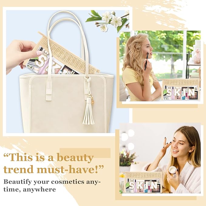 Clear Makeup Letter Patch Makeup Bag SKIN Pouch, Boho Clear Toiletry Bags Travel Small Cute Stadium Chenille Letter Cosmetic Zipper Pouch Purse, Women Transparent Waterproof Makeup Organizer Bag (SKIN)