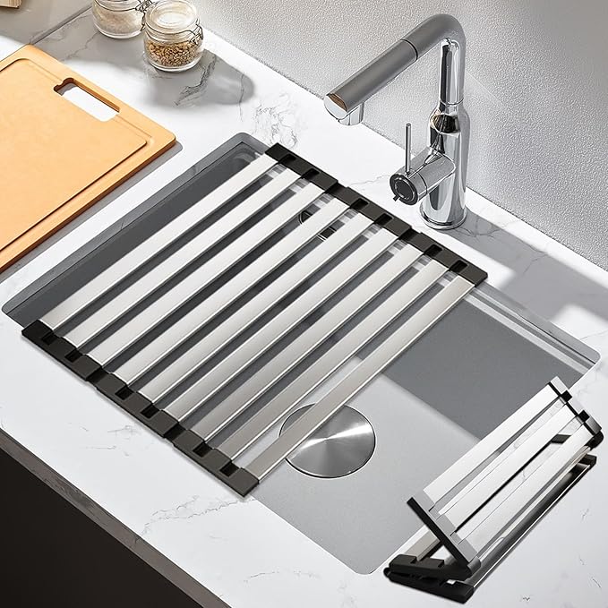 13.8"*12.8" Foldable Dish Drying Rack Thickened & Widened Over Sink Dish Drying Rack High-Temperature Resistant Removable Sink Storage Rack 304 Stainless Steel Drainer for Kitchen and Rv sink