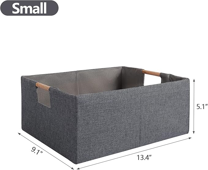 Fabric Storage Bin Box Foldable Cotton Linen Storage Basket with Wooden Handles Rectangular Cube Decorative Home Laundry Organizer Clothes Blanket Container - Grey, Small