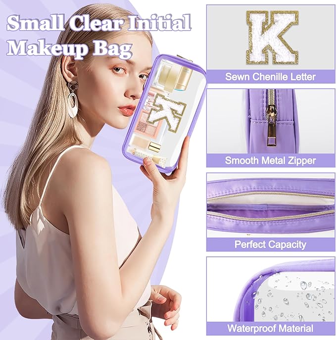 Small Clear Personalized Initial Makeup Bag,Nylon Preppy A-Z Chenille Letter Patch Cosmetic Pouch Beach Toiletry Bag,Waterproof Zip Travel Purse Storage Bag Organizer for Women Girls(Purple-White K)