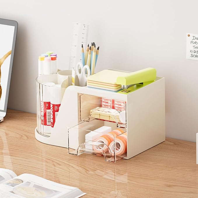 Marbrasse Desk Organizer with 2 Drawer, 360°Rotating Pen Holder, Desk Organizers and Accessories with 6 Slots Pencil Organizer + 2 Drawer, Art Supply Storage Box Caddy for Office (Beige)