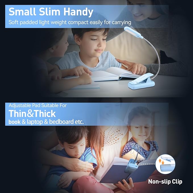 VAVOFO Rechargeable Book Light for Reading in Bed Kids, 7 LED Reading Light with 9-Level Warm Cool White Daylight, Eye Care Lamp with Power Indicator for Bookworms (Light Blue)