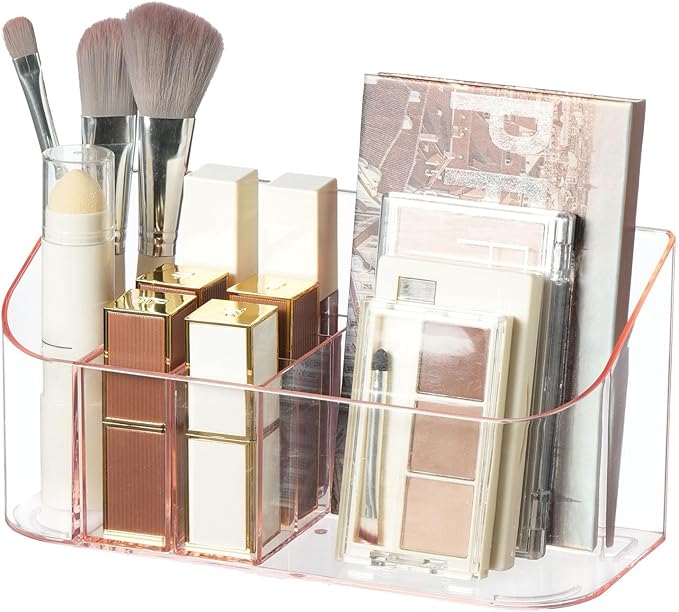 SUNFICON Makeup Holder Tray Organizer Cosmetic Display Case Tabletop Desktop Vanity Countertop Bathroom Wall Cabinet Medicine Storage Box 9 Dividers 2 Removable for Womens Ladies Girls Crystal Pink