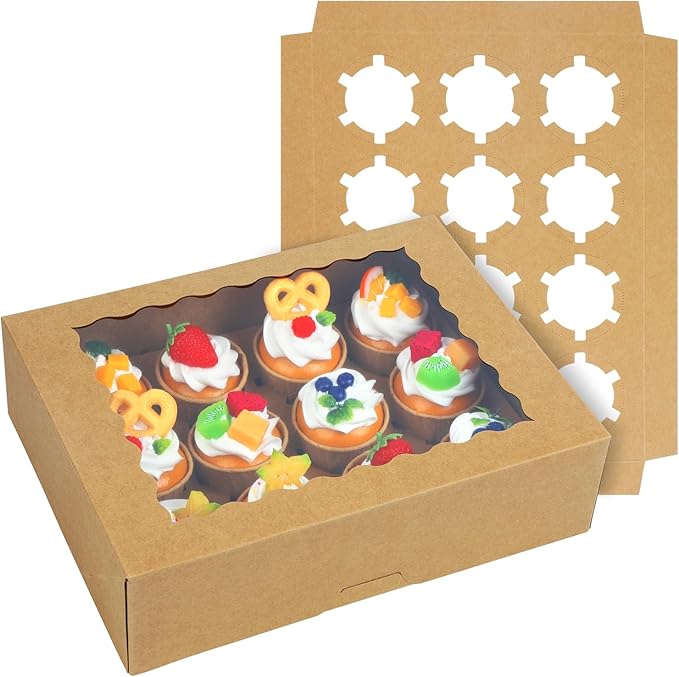 Tcoivs 6-Set Cupcake Boxes Hold 12 Standard Cupcakes, Auto-Popup Cupcake Containers with Windows and Inserts, Food Grade Kraft Cupcake Carrier and Cupcake Holders (Brown)