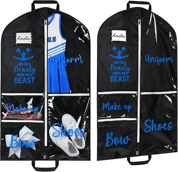 DEEKA Cheer Garment Bag for Hanging Clothes with Zipper Pockets Cheer Accessories Mom Essentials Uniform Costume 40 Inch Black Bags Stuff for Cheerleading Girls (Black,Blue-Cheer Quote)