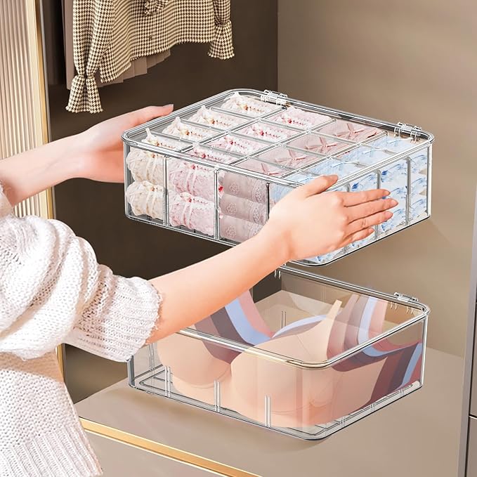 2pcs Sock Underwear Organizer, 16 Compartment Adjustable Dividers Bras Socks Underwear Drawer Organizers for Closet, Clear Plastic Storage Containers Box with Lids for Ties Bra Scarf Socks